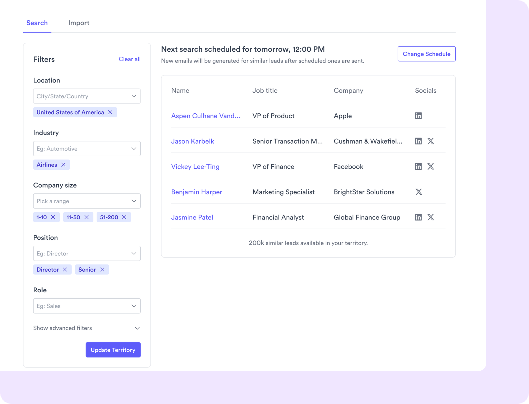 The Territory page — filters on the left, with the live five-lead preview, the total count (200k available), and the next-search schedule on the right